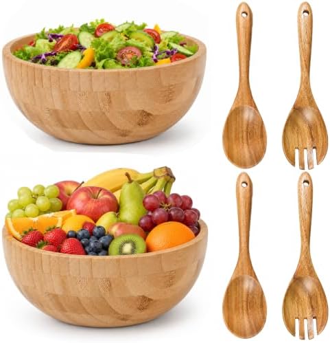 2 Sets Wood Salad Bowl with Spoons Forks, Large Natural Wooden Bowls