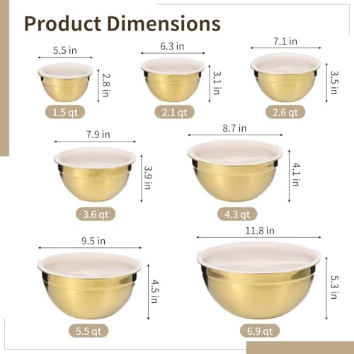 7 PCS Golden Mixing Bowls with Lids Set - Stainless Steel Salad Bowls