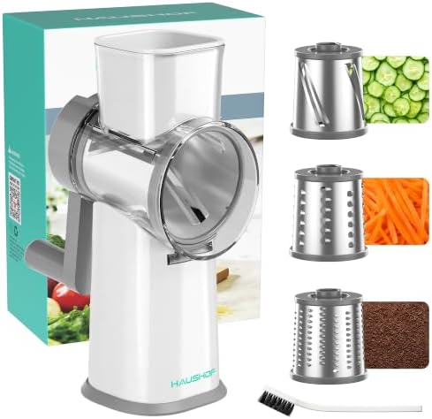 HAUSHOF Rotary Cheese Grater, Hand Crank, 3-Blade