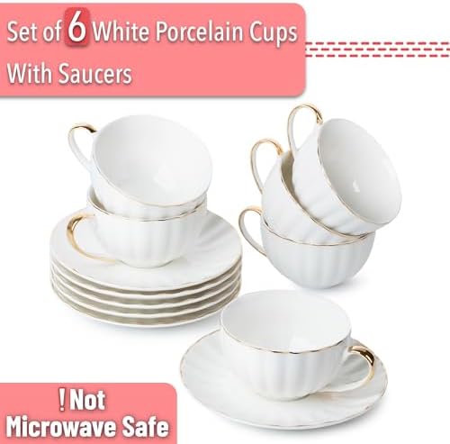 BTaT- Cappuccino Cups with Saucers 7 oz, Set of 6, Golden Trim Design