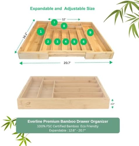 EVERLINE Expandable Bamboo Drawer Organizer for Kitchen Utensils