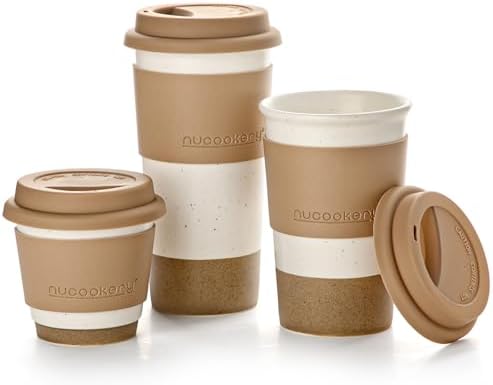 Ceramic Travel Coffee Mug Set, To Go Mug with Silicone Lid&Non-Slip