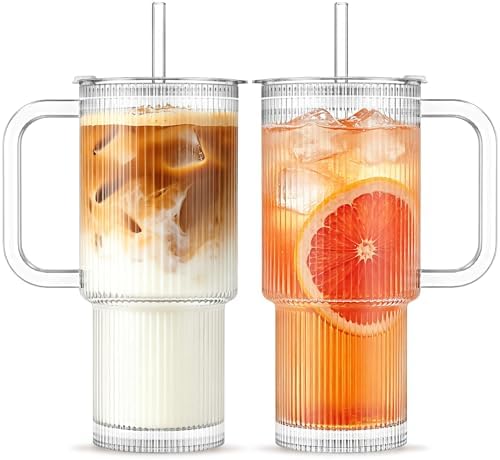 INSETLAN 24 oz Ribbed Glass Tumbler with Handle, Set of 2 Iced Coffee