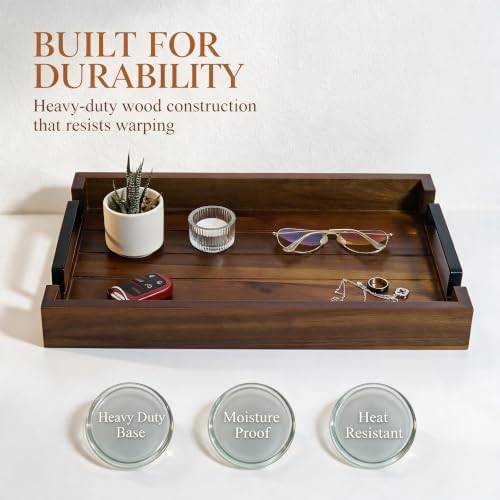 17" x 11" x 2" Acacia Wood Serving Tray with Black Iron Handle