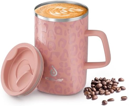 Ideus 16 oz Insulated Coffee Mug with Lid and Handle, Leopard Pink