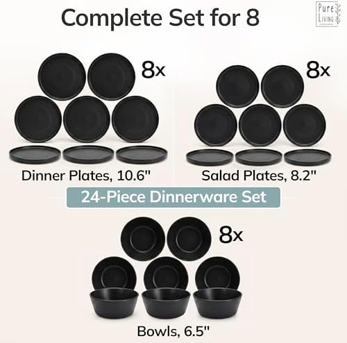 24 Piece Black Dinnerware Set for 8, Stoneware Black Plates and Bowls Set