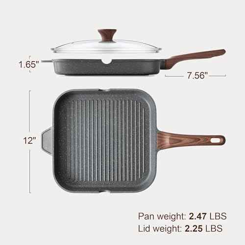 SENSARTE Nonstick Grill Pan with Lid, Grill Pan for Stove Tops, Versatile Griddle with Pour Spouts, Square Big Cooking Surface, Durable Skillet Indoor & Outdoor Grilling. PFOA Free, 12Inch