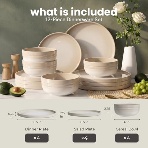 SMIRLY Stoneware Dinnerware Set for 4, 12 pcs Plates and Bowls Set