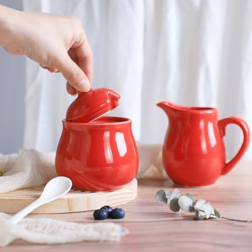 Ceramic Colorful Creamer and Sugar Set with Lid Spoon, Coffee Serving