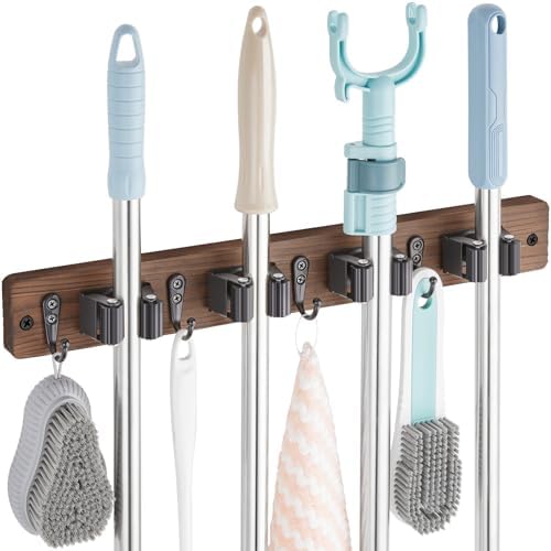 OUTNILI Mop and Broom Holder Wall Mount - Wood Broom Mop Hanger - Wall