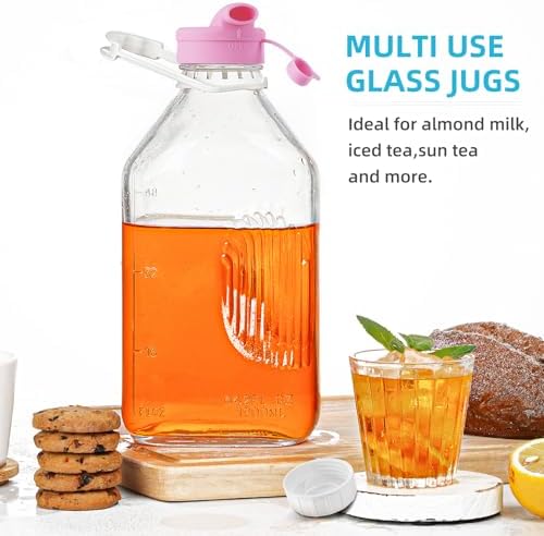 2 Pack 1/2 Gallon Glass Milk Bottles with Airtight Screw Lid & Handle