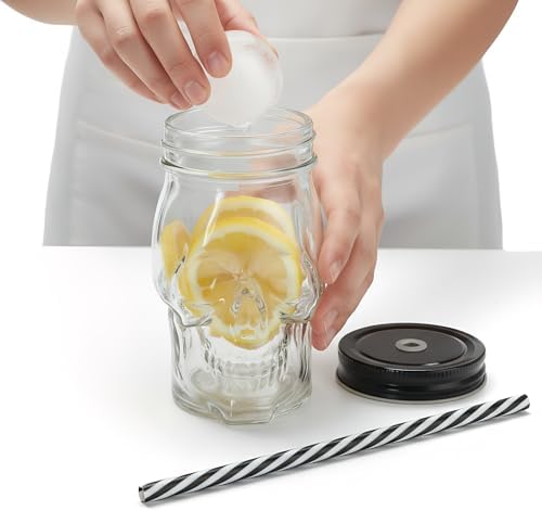 TOPZEA 6 Pack Mason Jars Mugs, 16 oz Glass Skull Mason Drinking Mugs