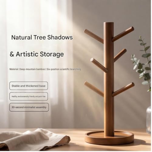 Bamboo Mug Tree Stand, Countertop Cup Holder, Wooden Mug Drying Rack