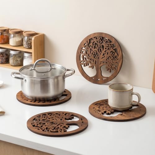 6 Pack Wooden Trivets for Hot Dishes, Rustic Round Tree Trivet Set