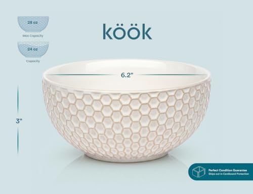 KooK Ceramic Soup Bowls, Embossed, Oven Safe, 24 oz, Set of 4, Ivory