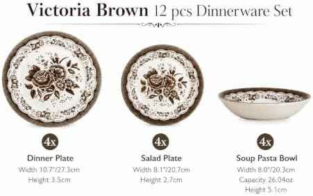 Tudor England 12-Piece Porcelain Dinnerware Set for 4, Victoria Brown