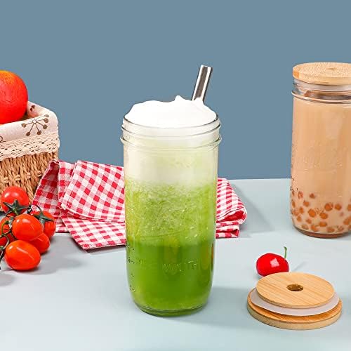 Mason 4 Pack Reusable Tea Cups, Glass Jars 24oz Wide Mouth Smoothie