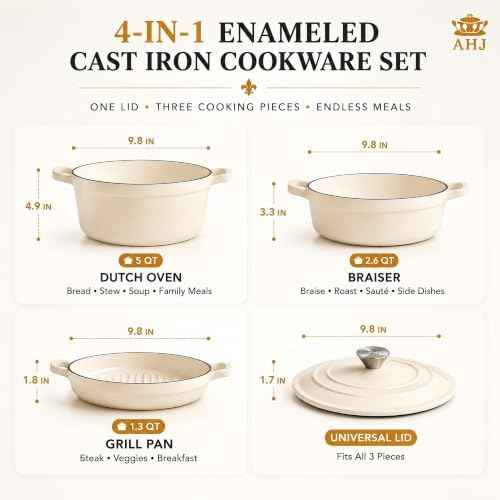 AHJ Enameled Cast Iron Dutch Oven Set - 4 Piece Cookware Set with Lids