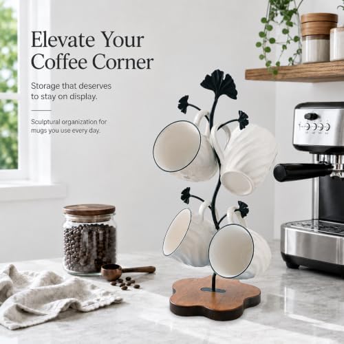 Coffee Mug Holder for Countertop, Ginkgo Leaf Mug Tree with 4 Hooks