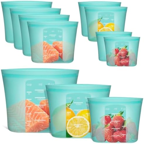 Reusable Food Bags, 8 Pack 100% Silicone Food Storage Bags Stand Up