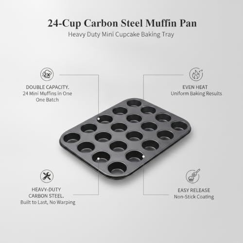 24-Cup Carbon Steel Muffin Pan, Heavy Duty Mini Cupcake Baking Tray