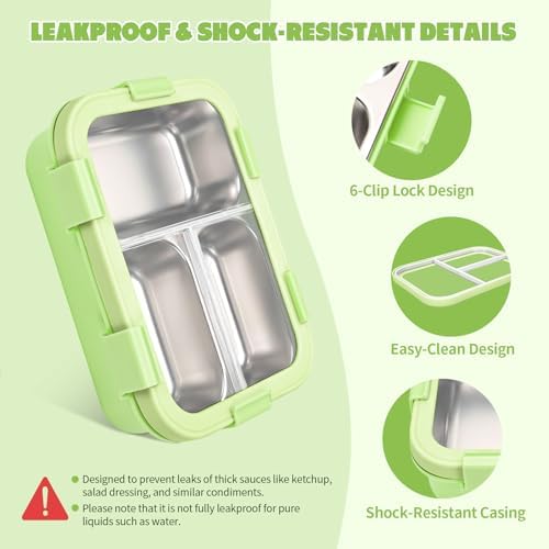 Stainless Steel Lunch Box for Kids, 3 Compartments, Green