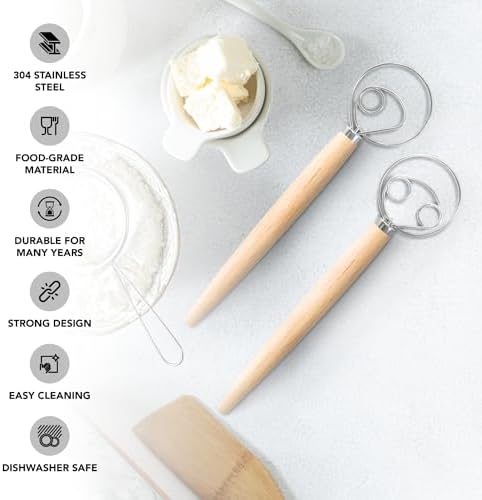 O'Creme Danish Dough Whisk Set of 2 Stainless Steel Wood Handle