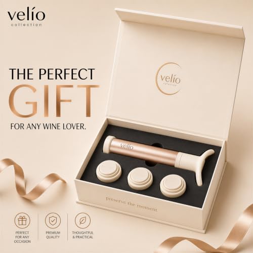 Velio Wine Saver Vacuum Pump & 3 Wine Stoppers – Wine Accessories Gift