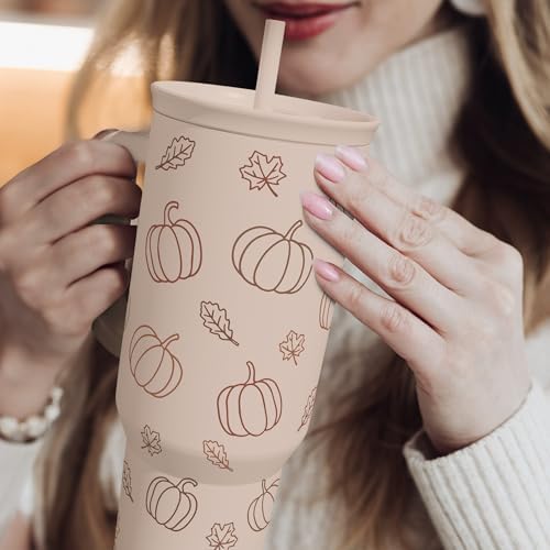 SANDJEST Pumpkin Tumbler with Handle and Straw 40oz – Stainless Sleel