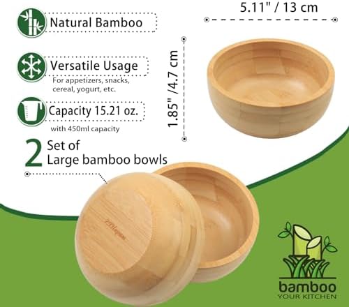 Soup Bowls Set of 2 for Dessert/Cereal/Pasta/Fruit | Natural Bamboo