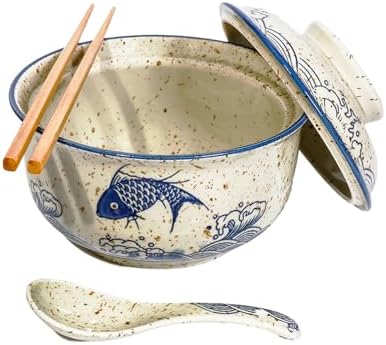 Ceramic Ramen Bowl Set, 800ml, with Lid, Spoon and Chopsticks