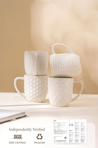 FOBENTA Ceramic Coffee Mugs Set of 4, 12oz Embossed Cups with Elegant