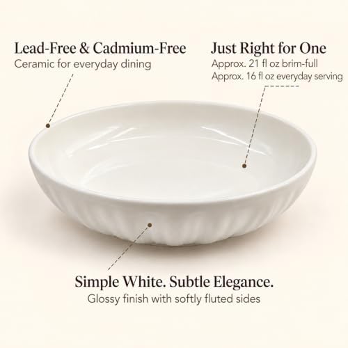 8 Inch Ceramic Pasta Bowls, 4 Pack, 21 Oz Serving Bowls, White