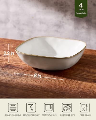 famiware Pasta Bowls Set of 4, Square 8" Serving Bowl, Cappuccino