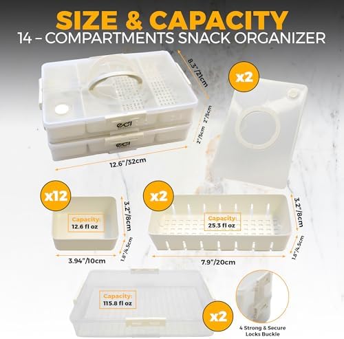Stackable Snackle Box Container 2 Pack, 14 Compartments with 2 Drain