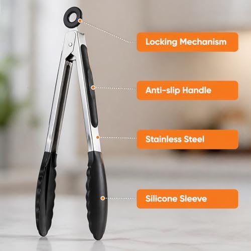 9 Piece Kitchen Tongs with Silicone Tips, 7, 9, 12 Inch