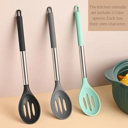 Silicone Slotted Cooking Spoon Set (13.2"), 3-Pack Large Stainless