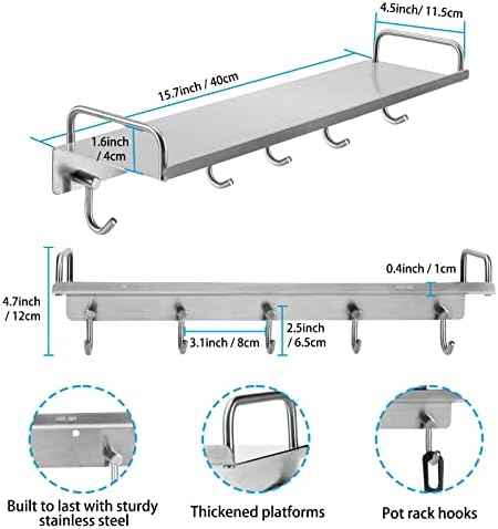 Spice Holder Rack, Coffee Mugs Storager Rack for Glass Jars Bottles, 304 Stainless Steel Shelf, Heavy Duty Kitchen Organizer Wall Mounted, Pots Pans Hanger Holder, 16 Inch With 5 Hooks (Silver)