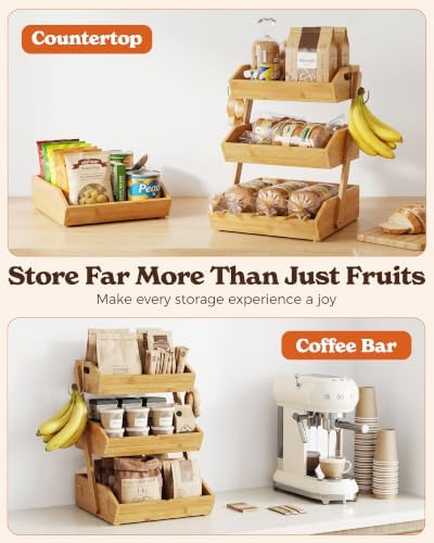 Sevenblue 3-Tier Bamboo Fruit Basket with 2 Banana Holders