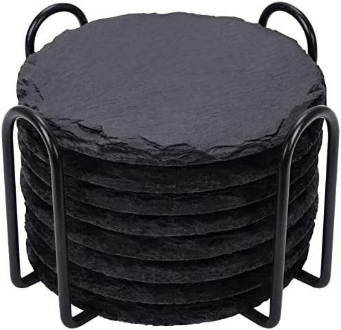Slate Coasters Set of 8 with Metal Holder, Modern Stone Coasters for