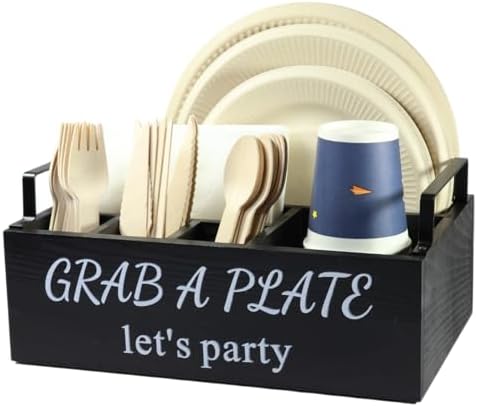 Paper Plate Holder, Utensil Caddy Organizer, Wood Paper Plate