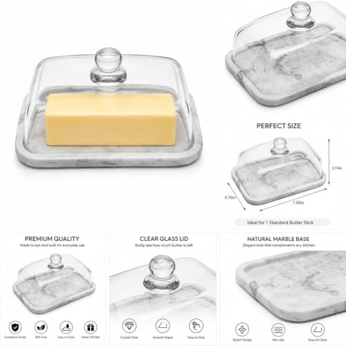 Marble Butter Dish with Glass Lid, Large Butter Dish for Countertop
