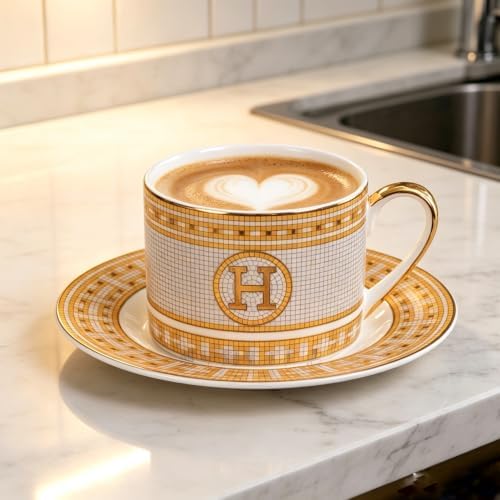 Gold Mosaic H Ceramic Coffee Cup & Saucer Set, 8 OZ Luxury European