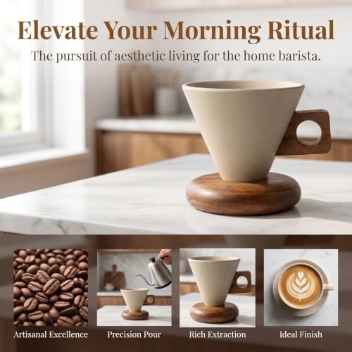 Handmade Ceramic Pour Over Coffee Cup with Walnut Stand