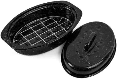13 Inch Small Roasting Pan with Lid and Rack, Enamel Carbon Steel Roaster Pan, High Temperature Resistance and Dishwasher Safe, Cookware for Small Poultry & Vegetables