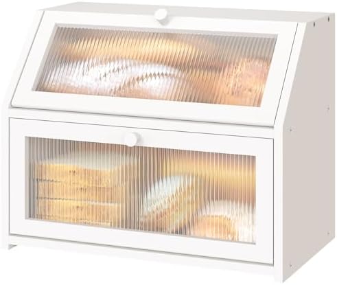White Bread Box for Kitchen Counter, Large Bamboo Wood Double Layer Bread Box, Wooden Bread Storage Capacity