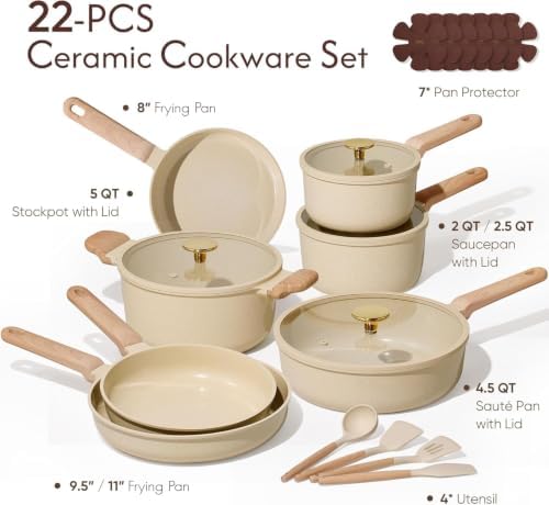 CAROTE 22pcs Ceramic Cookware Sets, Pots and Pans Set