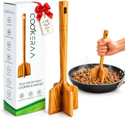 Teak Wood Meat Masher, Ground Beef Chopper & Chicken Shredder Tool