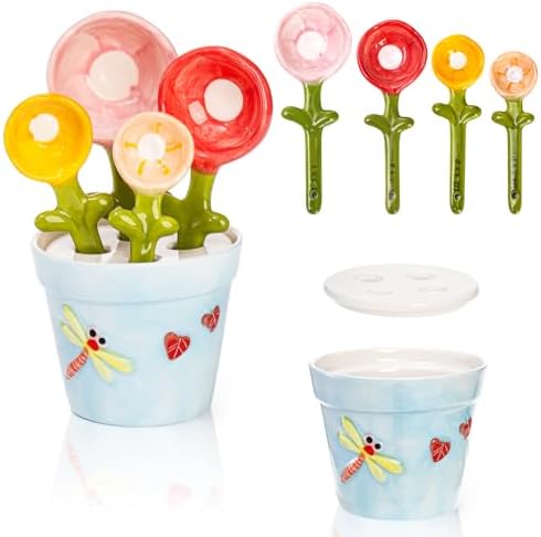 Coloch 5Pcs Ceramic Measuring Spoons and Cup, Flower Baking Scale