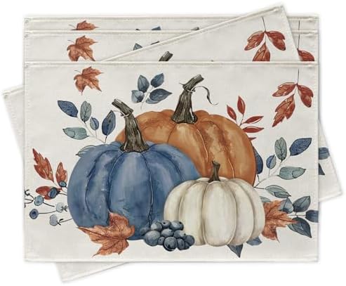 Fall Blue White Pumpkin Placemats Set of 4